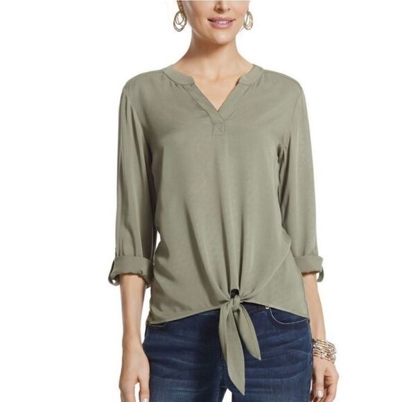 Chico's Madison Tie Front Hi-Low Fatigue Green Long Sleeve Top - Picture 1 of 16